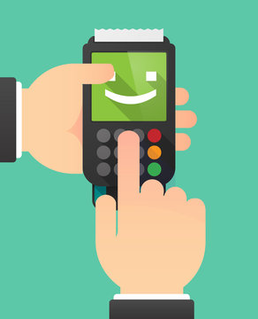 Person hands using a dataphone with  a wink text face emoticon