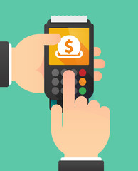Person hands using a dataphone with  a dollar coin entering in a