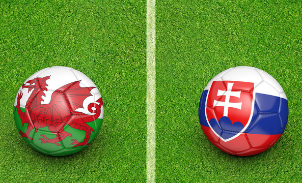 Team balls for Wales vs Slovakia football tournament match, 3D rendering