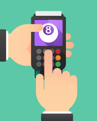 Person hands using a dataphone with  a pool ball