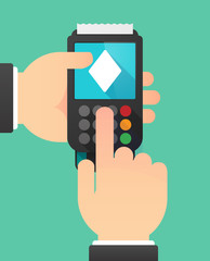 Person hands using a dataphone with  the  diamond  poker playing