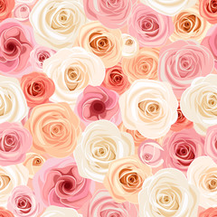 Vector seamless pattern with pink, orange and white roses and lisianthuses.