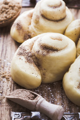 Making cinnamon buns. Homemade yeast dough after raising