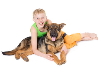 Boy and puppy shepherd dogs