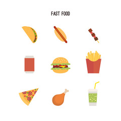 Set of fast food products. Can be used for menus or advertising leaflets; etc. Tacos; hot dogs; pizza; burger; french fries; barbecue; chicken leg; drink. Flat style drawing.