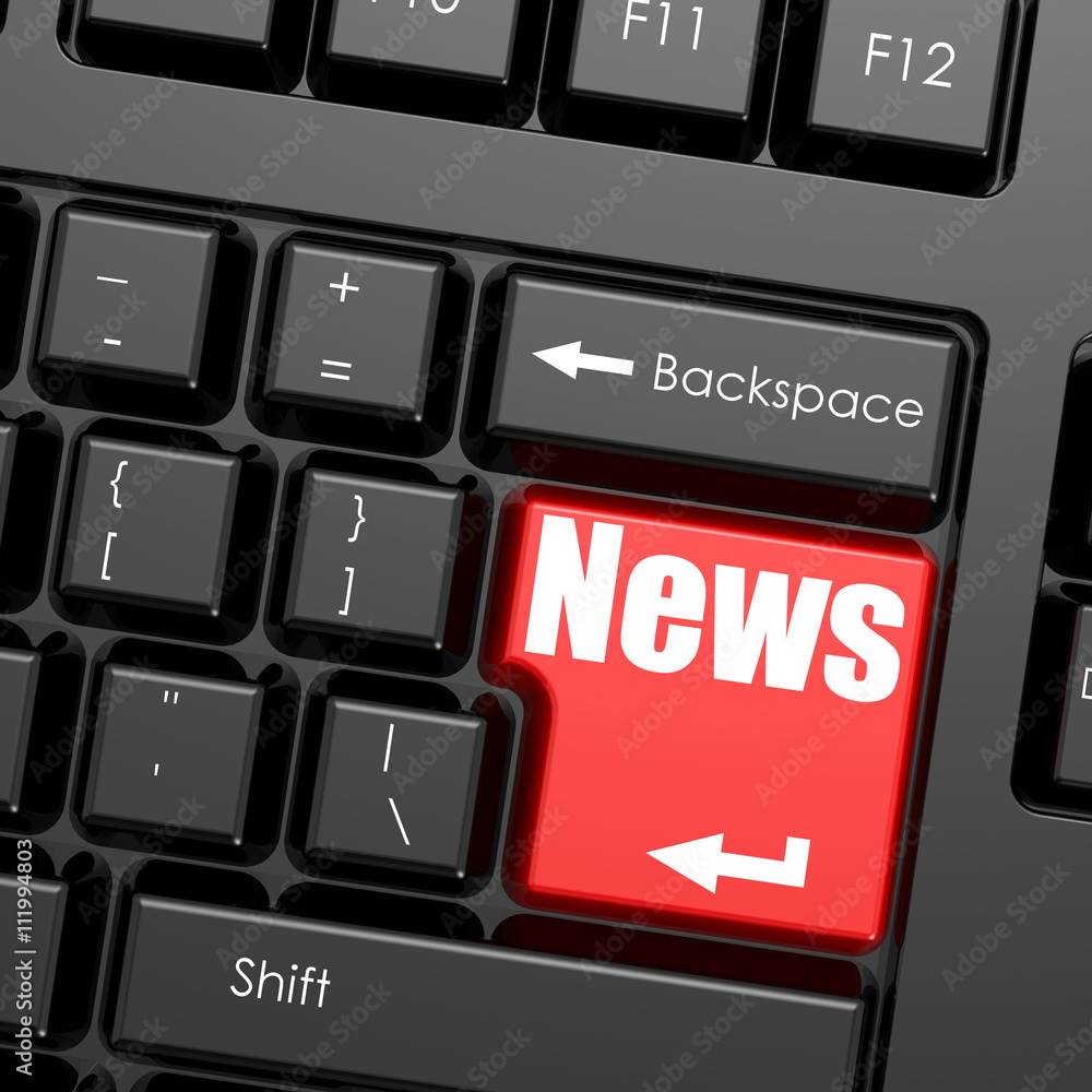 Poster red enter button on computer keyboard, news word