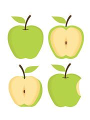 Apples. Set of green. bitten and half of fruit with leaf. Vector illustration