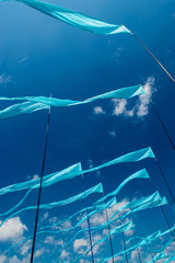 Blue flags waving in the wind at kite festival in Moscow
