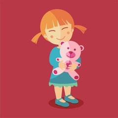 Niña feliz abrazando a su osito de peluche sobre fondo rojo. Ilustración vectorial