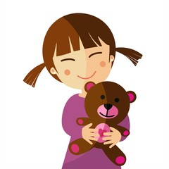Niña feliz abrazando a su osito de peluche. Ilustración vectorial