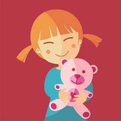 Niña feliz abrazando a su osito de peluche. Ilustración vectorial