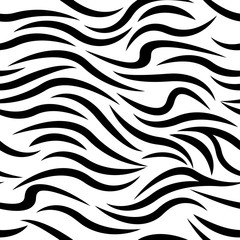 Vector seamless pattern with zebra print. Black curved stripes on a white background