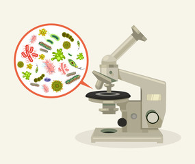Microorganisms under microscope. Vector flat cartoon illustration
