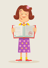 School girl showing perfect test results with A plus. Vector flat cartoon illustration