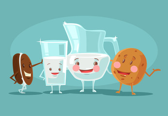 Milk and cookies best friends. Vector flat cartoon illustration