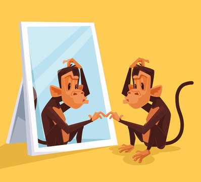 Monkey Looks In Mirror And Did Not Understand Who It Is. Vector Flat Cartoon Illustration