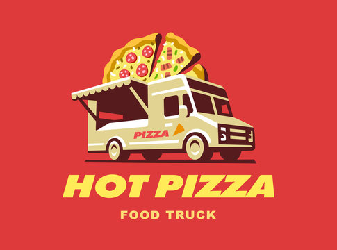 Mobile food truck. Car with pizza. Vector illustration.