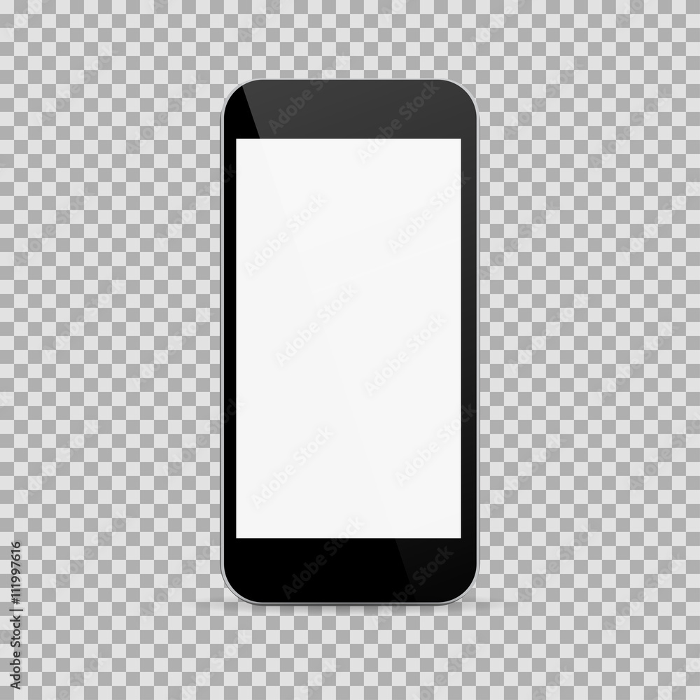 Poster realistic black smartphone in realistic style with blank screen isolated on white background. vector