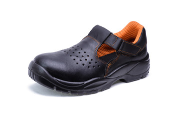 Shoe for worker/Shoe made of black leather for worker on white background