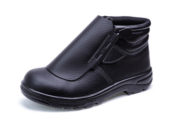 Black shoes for work/One black leather safety shoe isolated on white background