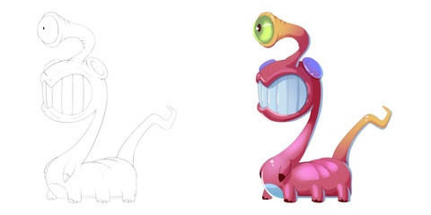 Coloring Book and Monster Creature Character Design Set 32 Searchlight Eye Monster Creature Sketch isolated on White Background Realistic Fantastic Cartoon Style Character Story Card Sticker Design