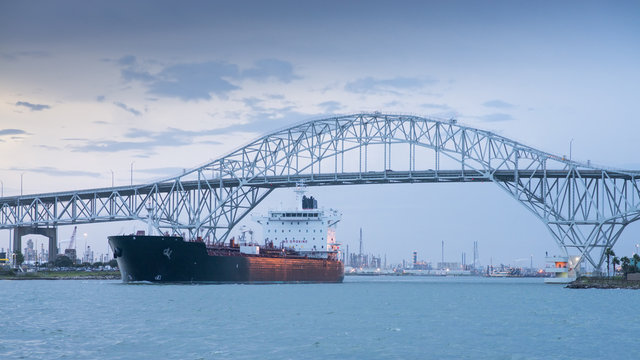CORPUS CHRISTI, TEXAS, USA - SEPTEMBER 21, 2013:The iron road bridge and oil tanker on September 21, 2013 year.