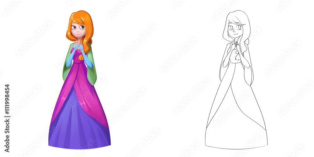 Wall mural coloring book and princess girl character design set 1 cute long hair big eye princess girl isolated