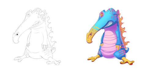 Coloring Book n Monster Creature Character Design Set 37 Pangolin Crocodile Fire Bird Creature Monster isolated on White Background Realistic Fantasy Cartoon Style Character Story Card Sticker Design