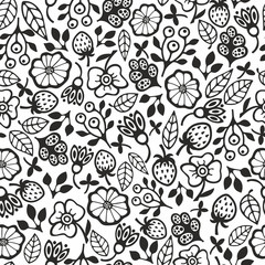 Black and white seamless pattern with flowers.