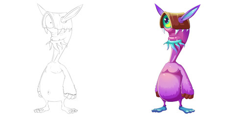 Coloring Book and Monster Creature Character Design Set 38 Rabbit Ear Grandpa Big Foot Creature Monster isolated on White Background Realistic Fantasy Cartoon Style Character Story Card Sticker Design