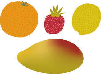 The flat vector illustration of orange, lemon, strawberry and mango.