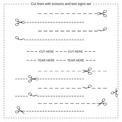 Vector illustration of 12 cut lines with scissors and text signs "Cut Here", "Tear Here" isolated on white. Fully editable file for packaging, coupon, clothing tag design and your different projects.