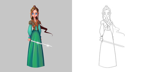 Coloring Book and Princess Girl Character Design Set 3 Ancient Chinese Princess Sword Girl Warrior isolated on White Background Realistic Fantastic Cartoon Style Character Story Card Sticker Design