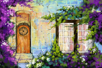 Fototapeta na wymiar Watercolor Style Digital Artwork: Mystery House Hide in the Tree. Realistic Fantastic Cartoon Style Character, Background, Wallpaper, Story, Card Design