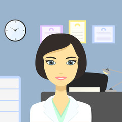 Vector illustration of doctor at workspace in flat style. Young beautiful woman at clinic. Fully editable file for your different projects.