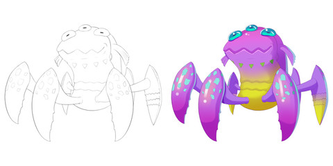 Coloring Book and Monster Creature Character Design Set 29: Three Eyes Bird Spider Creature isolated on White Background Realistic Fantastic Cartoon Style Character Story Card Sticker Design
