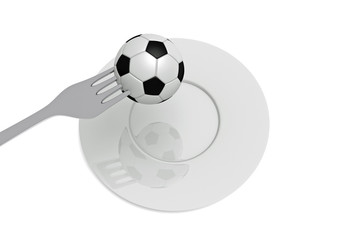Fototapeta na wymiar Soccer as food: football, fork and plate, 3d illustration