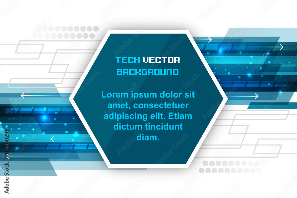 Poster abstract blue vector hexagonal technology background with arrows and glitter.
