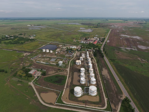 Aerial view of oil storage tanks