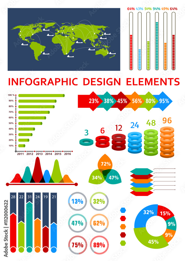 Aufkleber graphs and charts with map for infographics design
