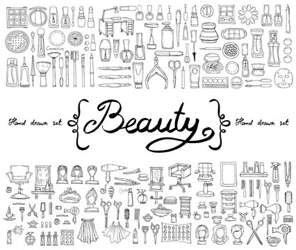 Vector set with hand drawn isolated doodles of cosmetics and symbols of beauty. Sketches for use in design