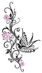 Frühlingsblumen und Narzisse mit Schwalbe. Tattoo Style.