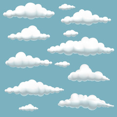 Big set of volumetric cartoon clouds on blue background,vector illustration of clouds in blue sky