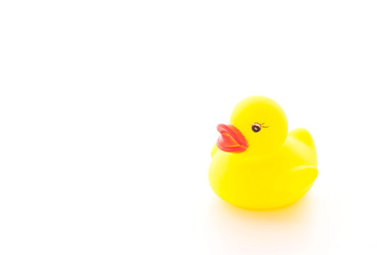 Little duck, yellow rubber duck on white background.