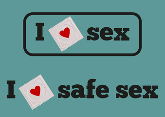 The stylized image of a condom in the package. Slogan in black f
