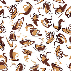 Brown cups of coffee with beans seamless pattern