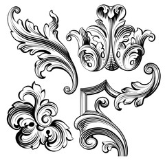 Vintage Baroque Victorian frame border monogram floral engraved scroll ornament leaf retro flower pattern decorative design tattoo black and white filigree calligraphic vector heraldic shield swirl - 112004481