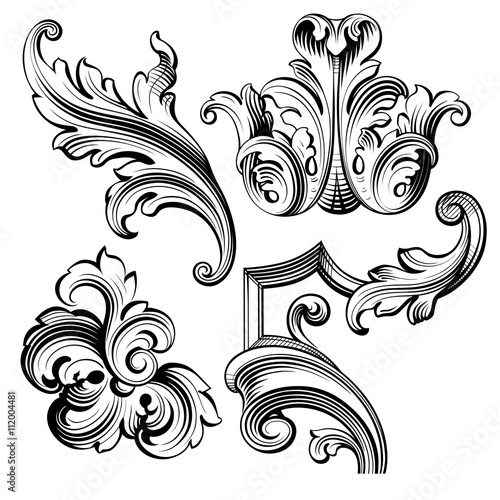 Vintage Baroque Victorian Frame Border Monogram Floral Engraved Scroll Ornament Leaf Retro Flower Pattern Decorative Design Tattoo Black And White Filigree Calligraphic Vector Heraldic Shield Swirl Wall Mural Hisunnysky