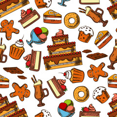 Chocolate desserts and pastries seamless pattern