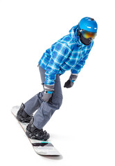 Portrait of young man in sportswear with snowboard isolated on a white background.